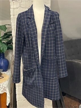 Anthropologie Harlyn navy plaid long blazer/jacket/ coat